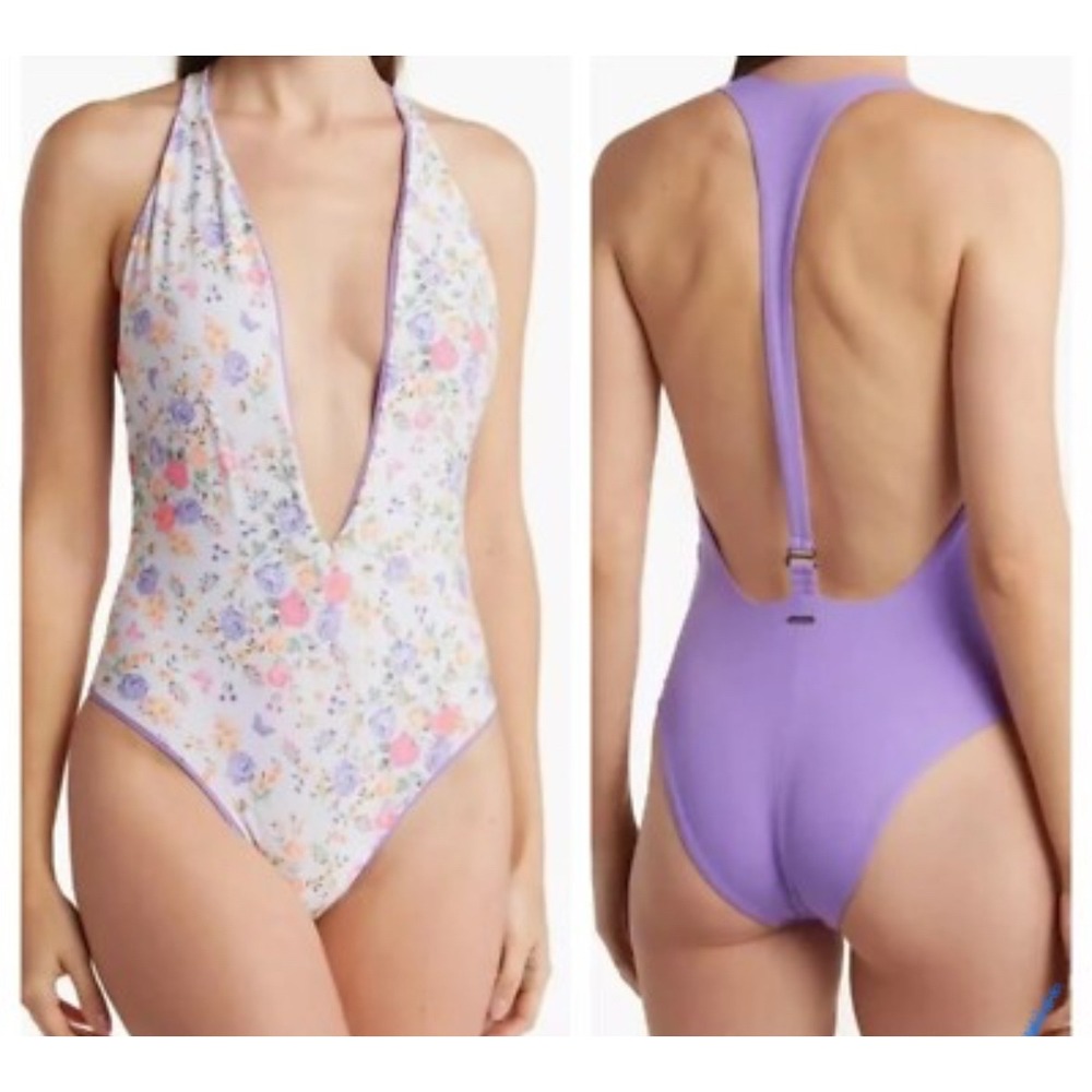 Maaji Dunes Tiky Reversible Plunge One Piece Swimsuit floral boho 90s retro sz S